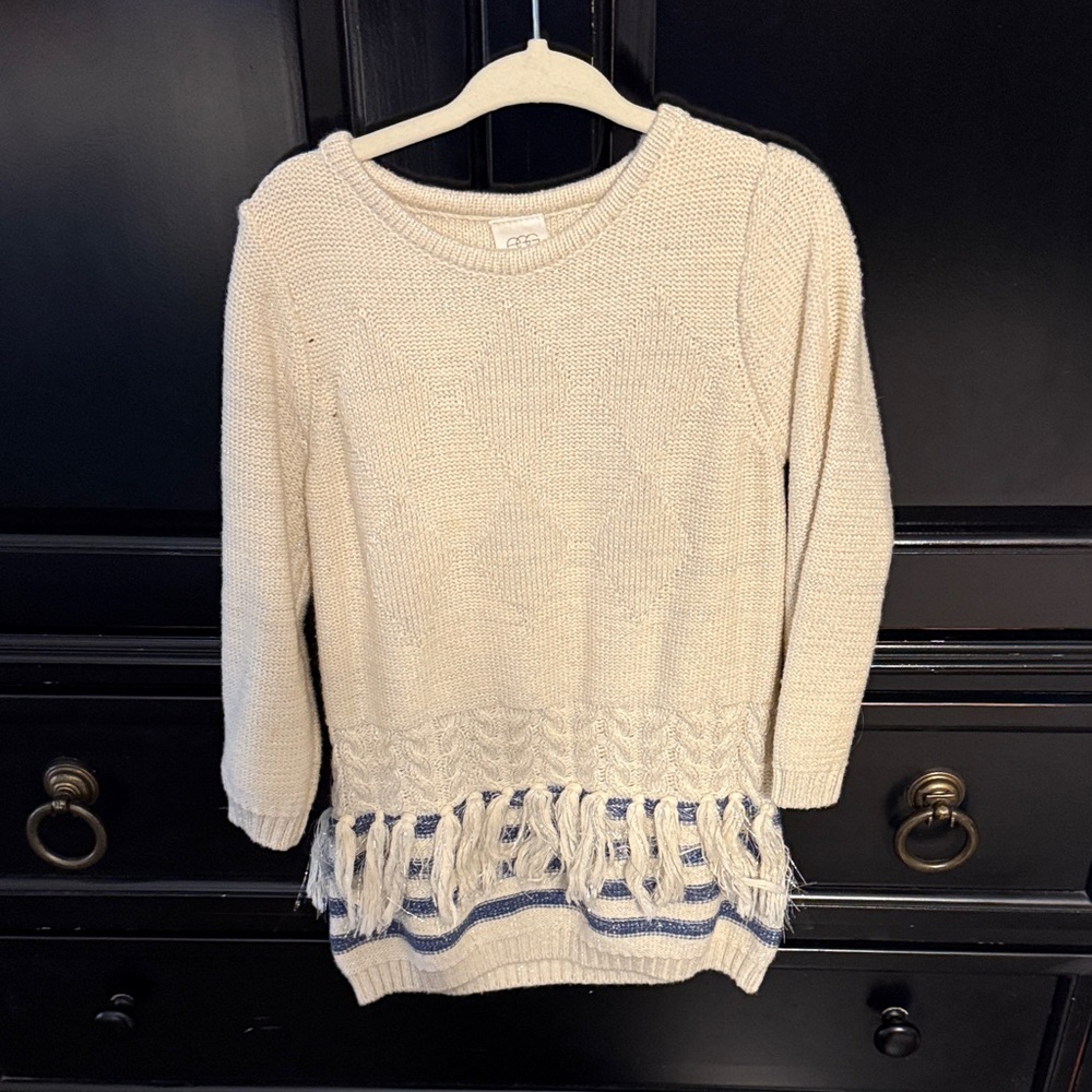 Cozy Cream Knit Kids Dress with Fringe